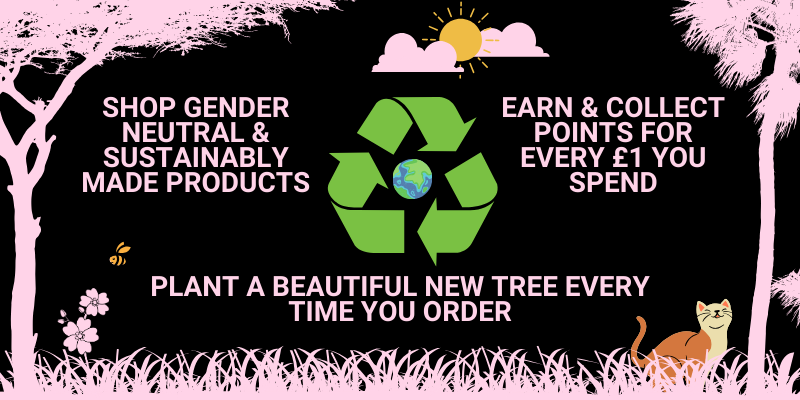 Black version of Littledale's brand infographic. 1. Shop gender-neutral & sustainably made products, 2. Earn & collect points for every £1 you spend, 3. Plant a beautiful new tree every time you order.