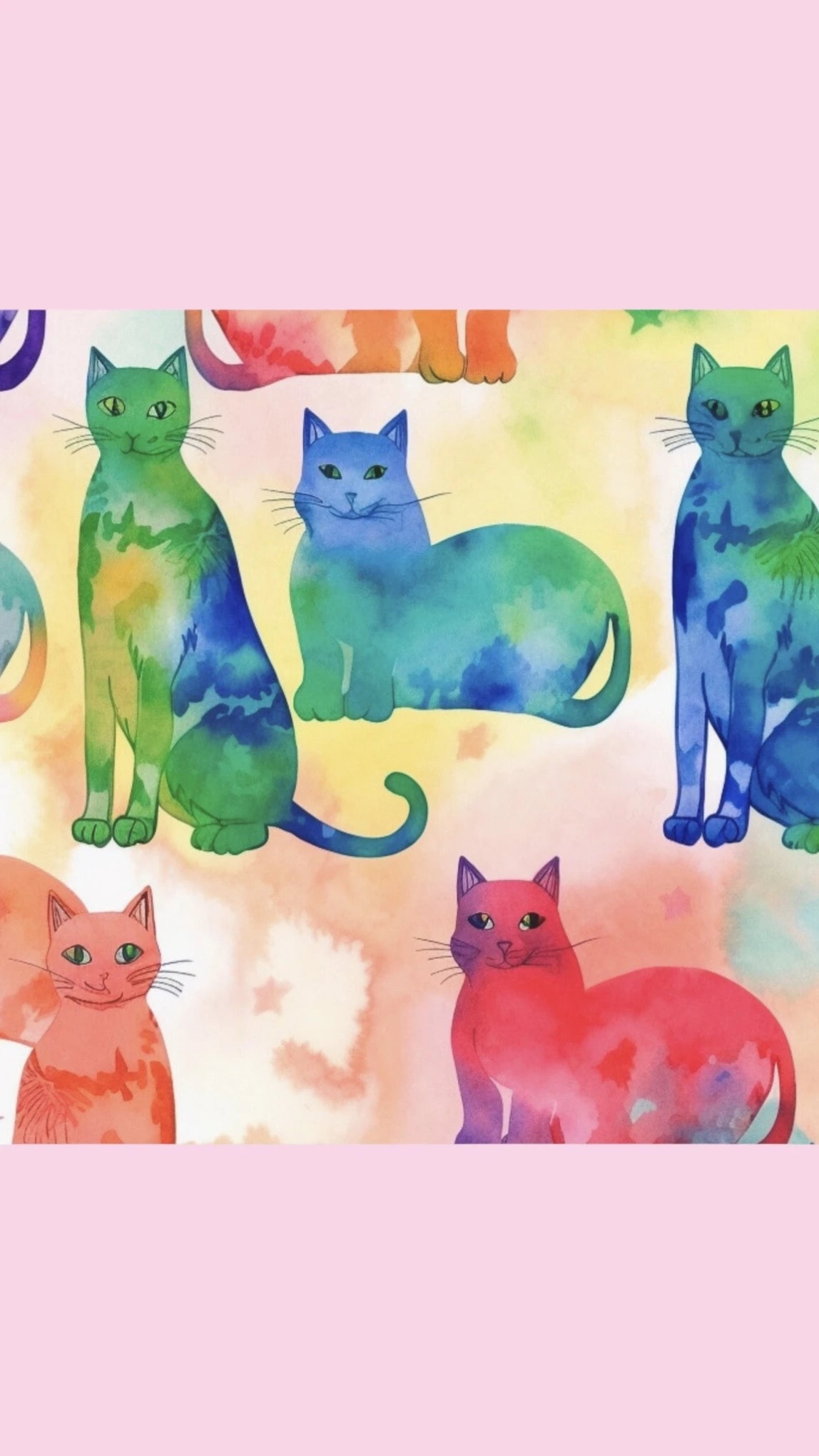 Front view of The Tie-Dye Cat Postcards with pink background.